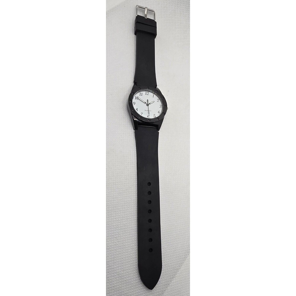 Unisex Quartz Round White Dial Large Numbers Black Silicone Strap Watch 04 - Picture 6 of 9